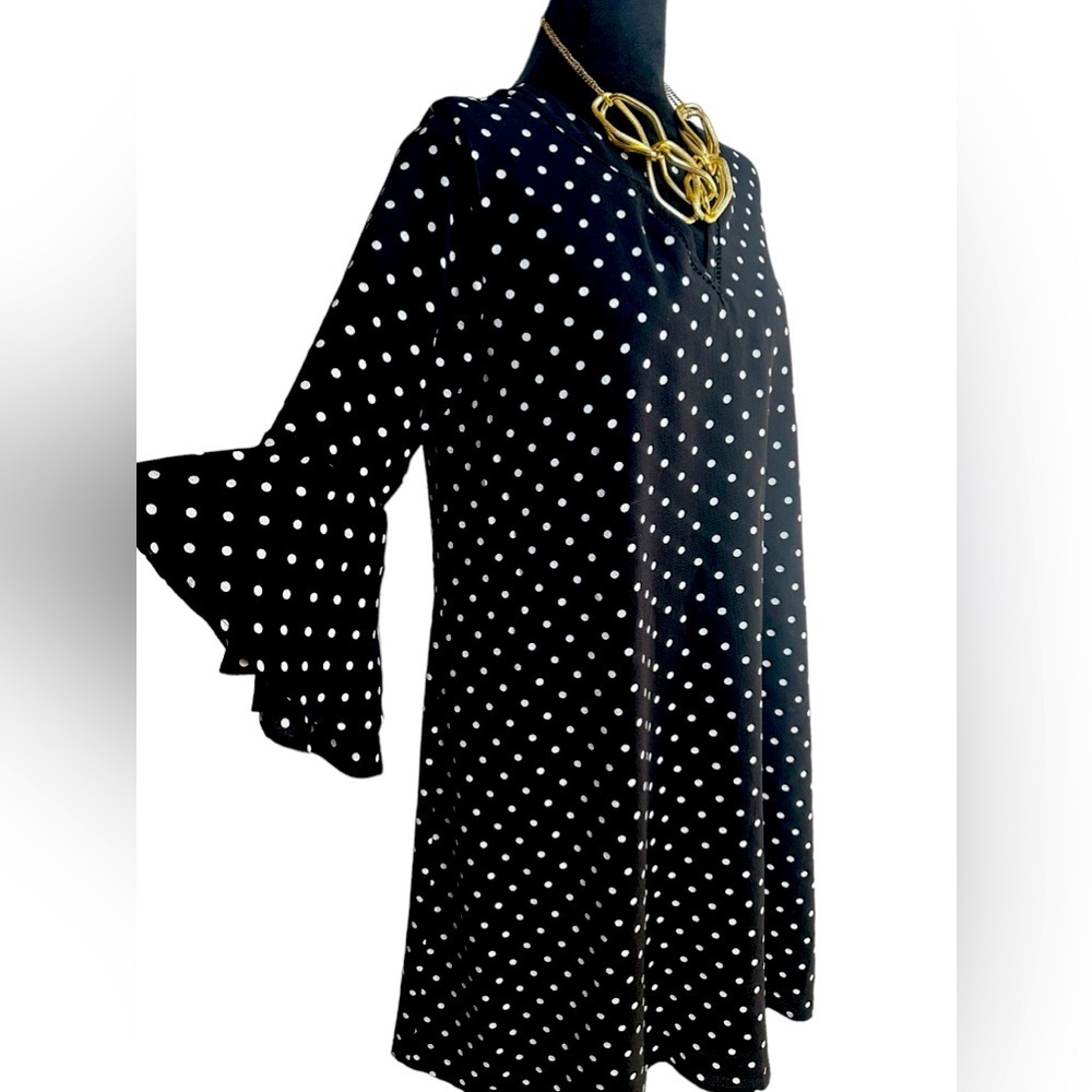 Brand: NAIF, black dress, with white dots, and flared sleeves